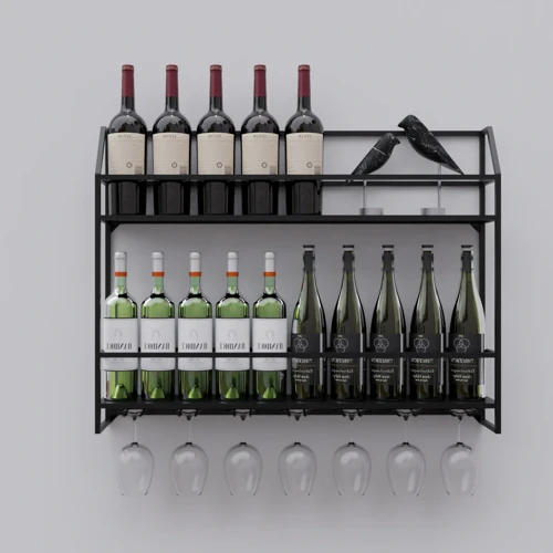Cotes Duvara Monte Metal Şarap Rafı Siyah | Kadeh Askılı Çift Raflı Şaraplık | Salon ve Bar İçin Modern Bar Rafı