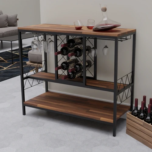 Wein Ahşap Tablalı Metal Bar Konsolu | Kadeh Askılı Şaraplık Ünitesi | Salon ve Mutfak İçin Modern Şarap Standı