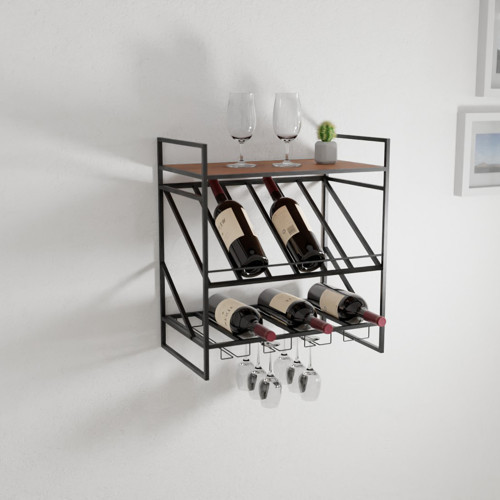 Vino Duvara Monte Şarap Rafı | Ahşap Raflı Kadeh Askılı Şaraplık | Salon ve Mutfak İçin Modern Bar Rafı