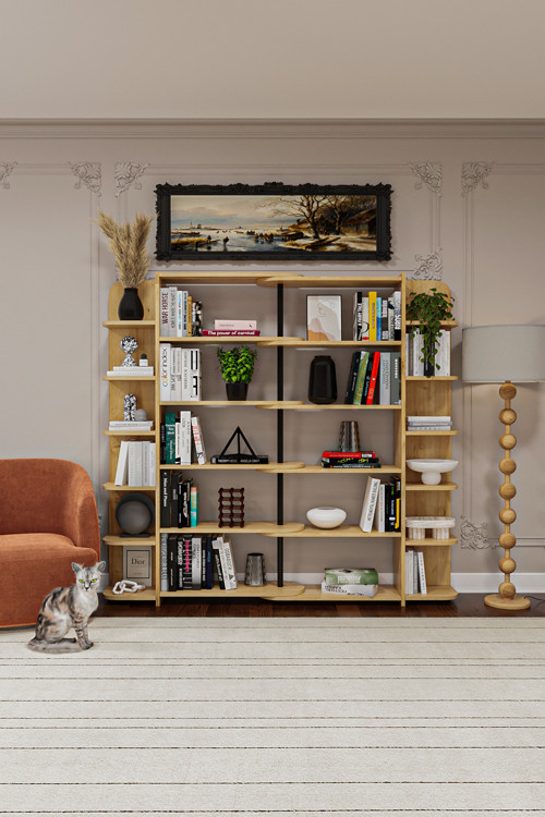 DK-01 Duvar/Köşe Modüler Kitaplık – 176 cm Geniş Ünite, 17 Raflı Salon & Ofis Kitaplığı