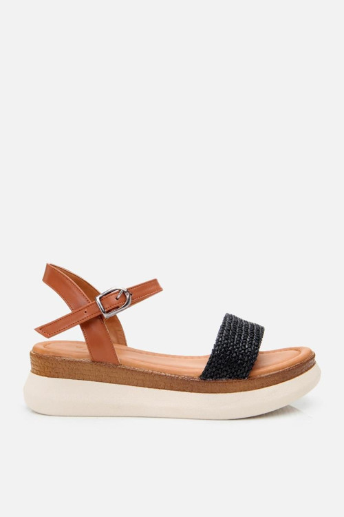 Kadın Siyah Hasır Detaylı Comfort Düz Sandalet