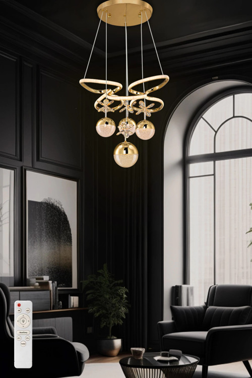 Kelebek Kasa 3 Renk Kumandalı Modern Sarkıt 3 Orta 1 Büyük 4 Toplu Kelebekli Ledli Salon Avize Gold