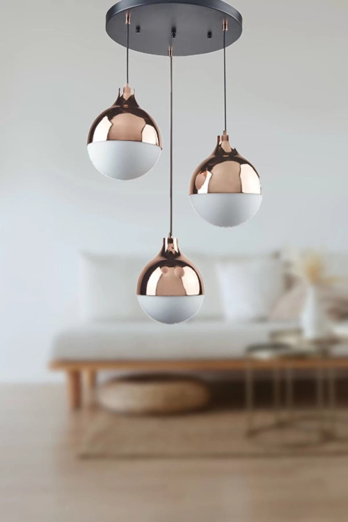 Modern Üçlü Sarkıt Retro Bakır Renk Beyaz Camlı Salon Avize