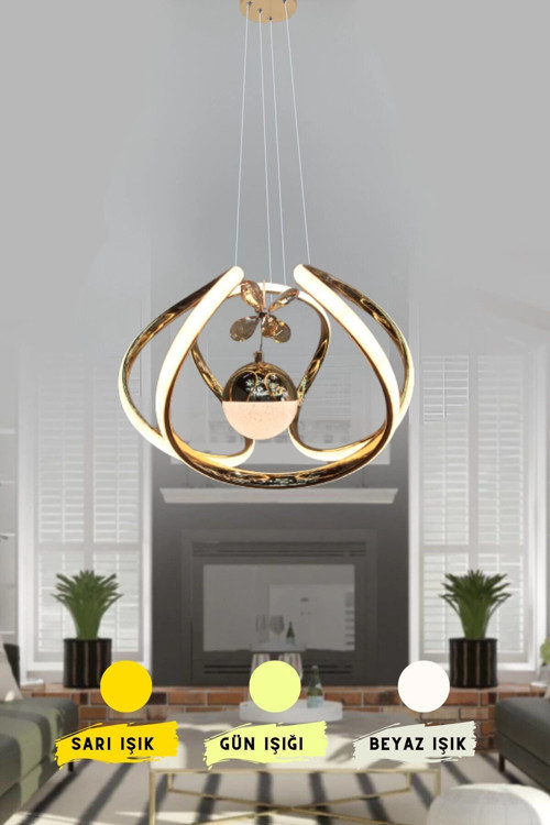 Modern Taşlı Toplu Bronz Ledli Avize