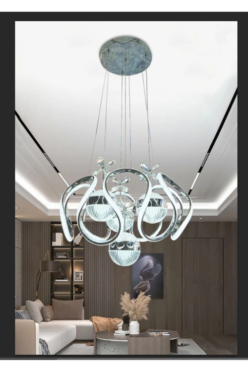 3 Renkli Salon Sarkıt Led Avize Toplu Kelebekli Gümüş Nikelaj Kaplama Ledli Salon Avize