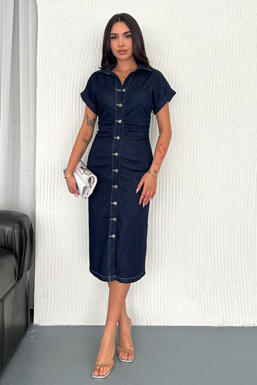 Düğmeli Denim Midi Elbise – Casual Chic