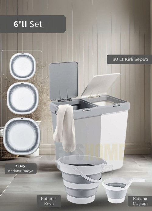 6'lı Banyo Seti Çamaşır Sepeti Katlanır Badya Katlanır Kova Katlanır Maşrapa BPA Free