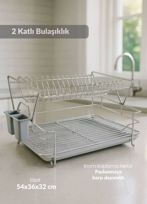 2 Katlı Bulaşıklık Çelik Tezgah Üstü Tabaklık BPA FREE Bulaşık Sepeti Kurutmalık Gri