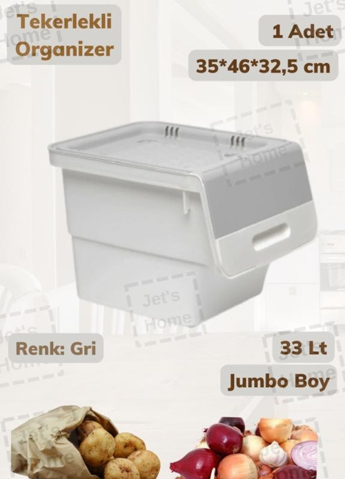 Tekli Tekerlekli Patateslik Soğanlık Oyuncak Kutusu Patates Soğan Sepeti Gri 33 Lt