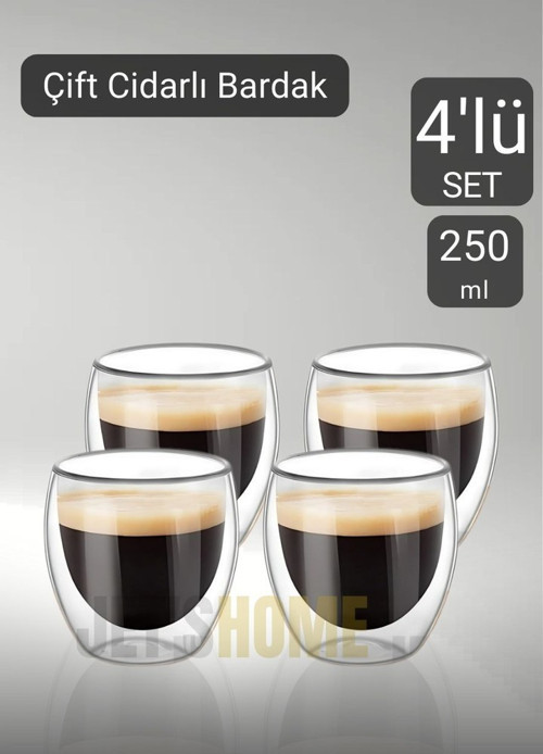 4’lü Set Cappuccino Bardağı Latte Bardağı Çift Cidarlı Bardak Americano Bardağı 250 ml Kahve Bardağı