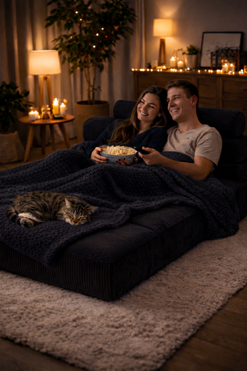 Katlanabilir Ev Lüxs Sinema Yatağı 90x200 cm Fitilli Kadife Kumaş Çift Kişilik Yer Minderi TV Sinema Koltuğu