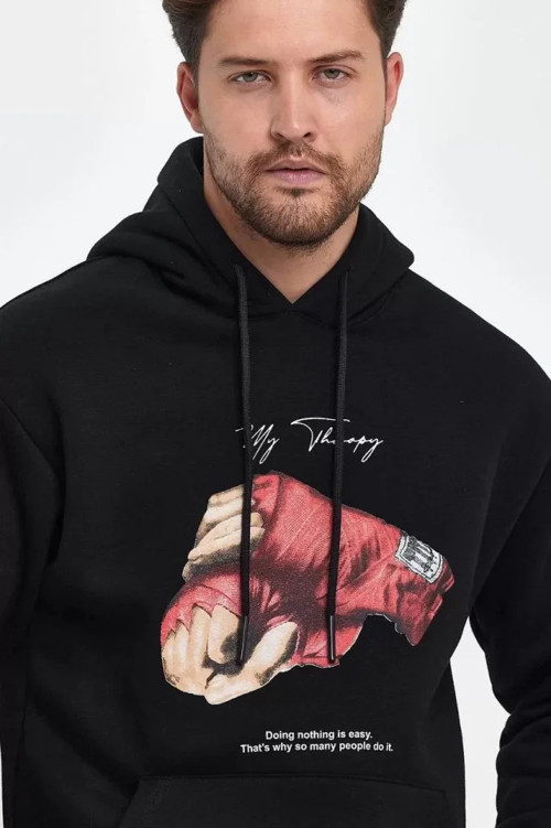Unisex Kapüşonlu Üç İplik Oversize Baskılı Sweatshirt