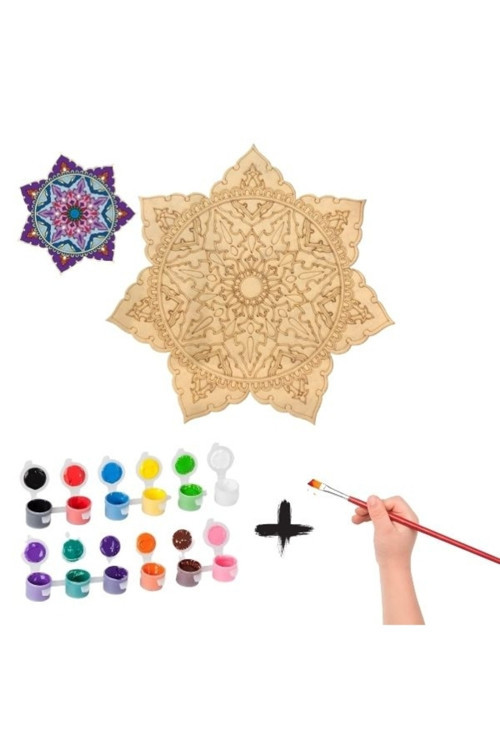 Tezhib Büyük Boy Ahşap Boyama Seti, 50 Cm, 12 Renk Akrilik Boya, Fırçasıyla Beraber