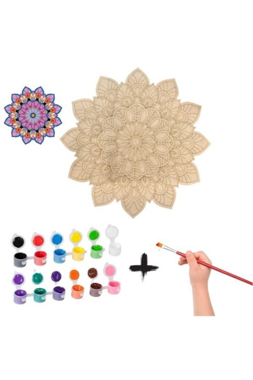 Color Büyük Boy Ahşap Boyama Seti, 50 Cm, 12 Renk Akrilik Boya, Fırçasıyla Beraber