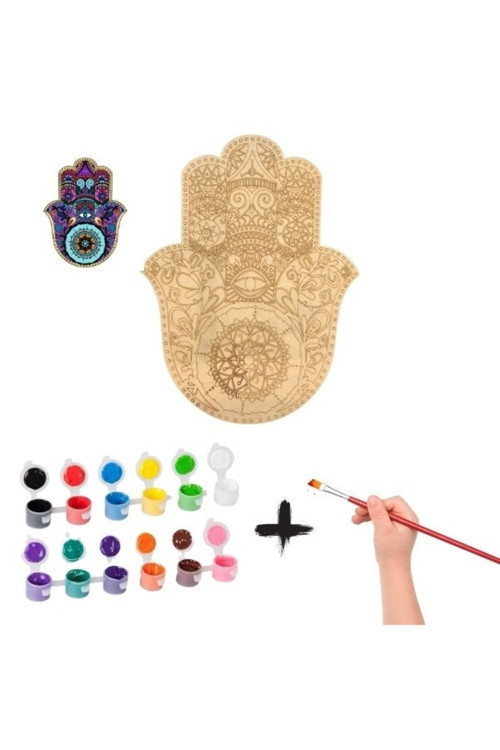 Fatima Desen Büyük Boy Ahşap Boyama Seti, 50 Cm, 12 Renk Akrilik Boya, Fırçasıyla Beraber