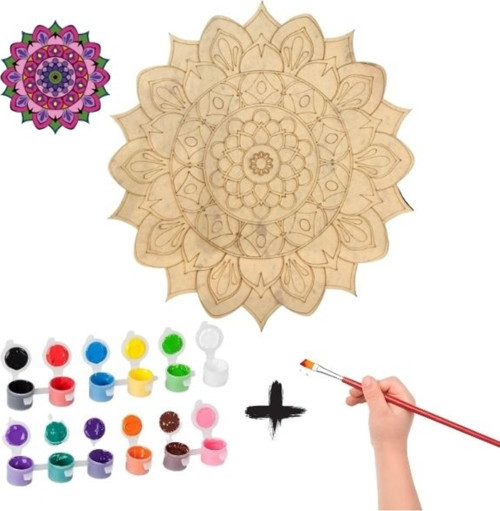 Ethnic Büyük Boy Ahşap Boyama Seti, 50 Cm, 12 Renk Akrilik Boya, Fırçasıyla Beraber