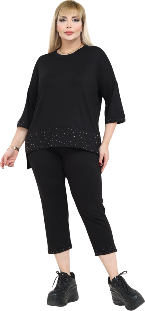 Butik Siyah Taş Baskı Şeritli Büyük Beden Kadın Kapri Takımı