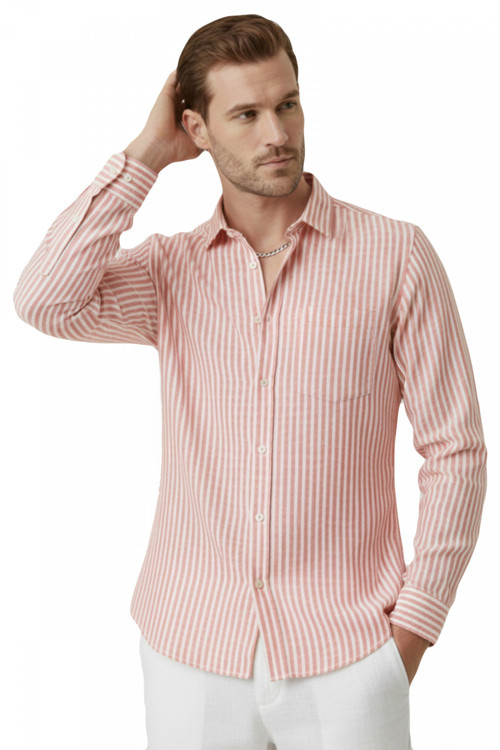 Turuncu Slim Fit %100 Pamuk Çizgili Erkek Gömlek – Cepli Yazlık Yeni Sezon Gömlek 2602627