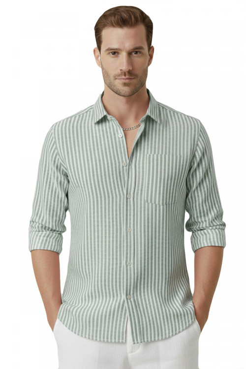 Haki Slim Fit %100 Pamuk Çizgili Erkek Gömlek – Cepli Yazlık Yeni Sezon Gömlek 2602627
