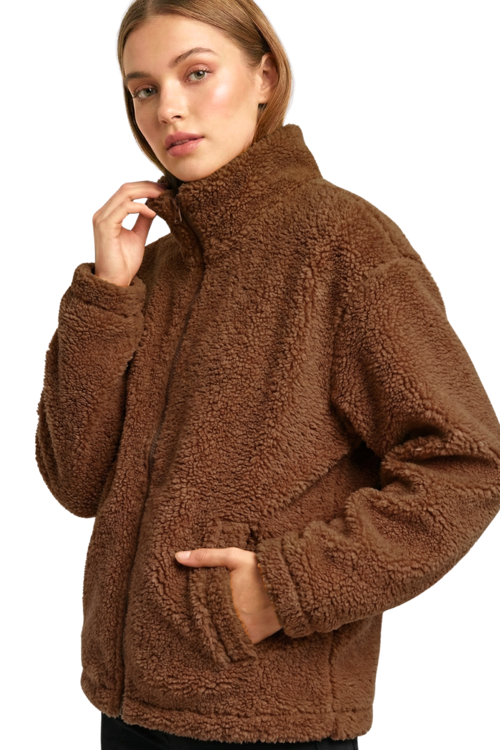 Kadın Peluş Tam Fermuarlı Cepli Sherpa Kuzu Kumaş Oversize Peluş Polar Sweatshirt