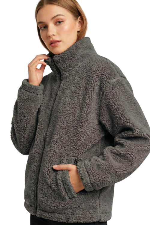 Kadın Peluş Tam Fermuarlı Cepli Sherpa Kuzu Kumaş Oversize Peluş Polar Sweatshirt