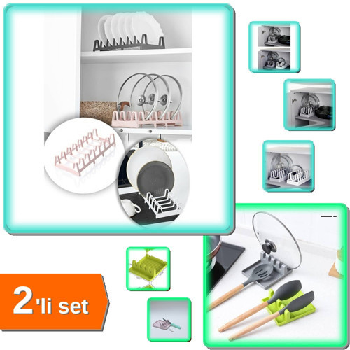 Tencere Kapağı Organizeri 6 Bölmeli + Çok Amaçlı Kaşık Altlığı Kepçe Kapak Tutucu - 2li Set J4G1L7
