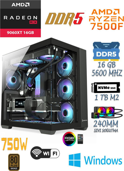 PRİME 95X Ryzen 5 7500F | 16GB DDR5 | 1TB M2 SSD | RX9060XT 16GB Sıvı Soğutmalı Masaüstü Oyuncu Bilgisayarı