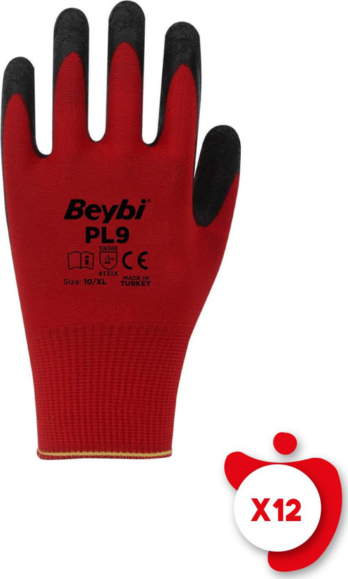 PL9 Kırmızı Polyester Örme Lateks İş Eldiveni 10 Beden 12 Çift