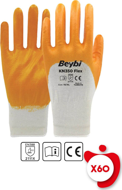 KN350 Flex Sarı Pamuk Nitril İş Eldiveni 10 Beden 60 Çift