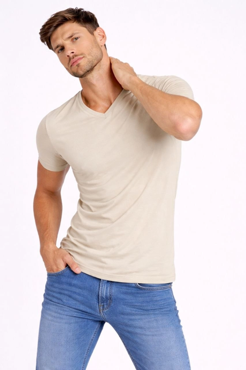 Erkek T-Shirt V Yaka Slim Fit dar kesim Likralı Tişört Günlük Basic Body - Taş