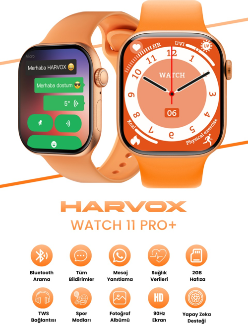 Harvox Watch 11 Pro+ Akıllı Saat Apple iPhone ve Android Tüm Telefonlara Uyumlu 46mm Turuncu