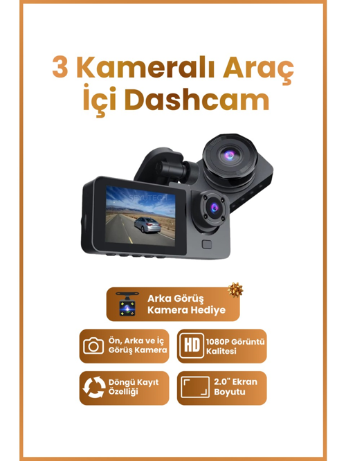 Harvox 3 Kameralı Wi-Fi Özellikli Full HD Araç İçi Kamera – 1080p Gece Görüş, G-Sensor Dashcam Y15
