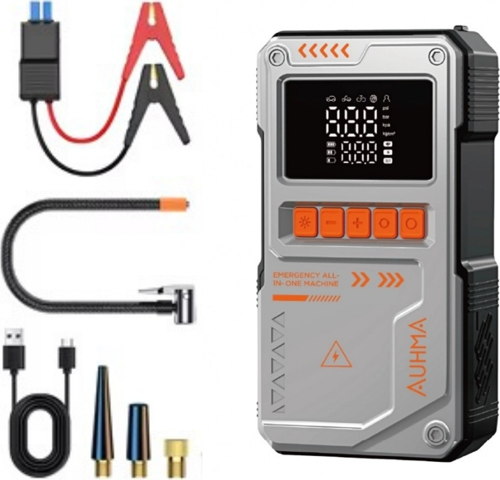 Auhma A8822 Jump Starter / Akü Takviye Cihazı | 4'ü 1 Arada Powerbank, Hava Kompresörü,10.000MAH 150PSI Gri