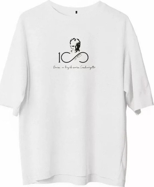 Unisex Bisiklet Yaka Baskılı Oversize T-Shirt - Beyaz