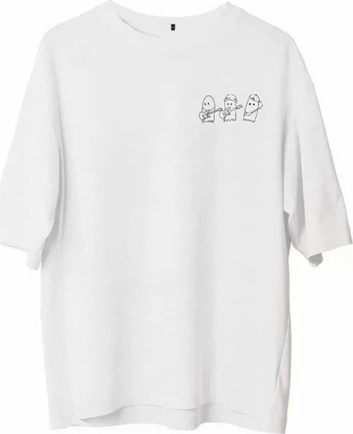 Unisex Bisiklet Yaka Baskılı Oversize T-Shirt - Beyaz