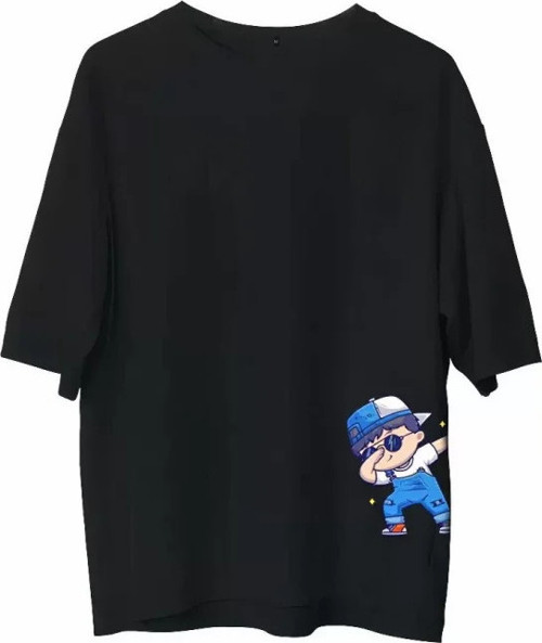 Unisex Bisiklet Yaka Baskılı Oversize T-Shirt - Siyah