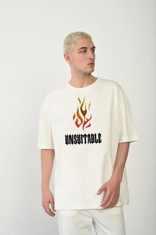 Unisex Bisiklet Yaka Baskılı Oversize T-Shirt - Beyaz