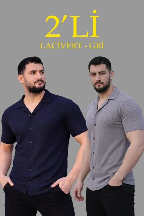 Erkek Waffle Dokuma Açık Yakalı Düğmeli Regular Kalıp 2’li Gömlek Seti - Lacivert - Gri