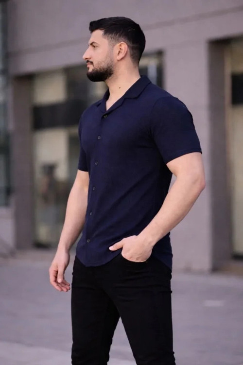 Erkek Waffle Kumaş Kısa Kollu Düğmeli Açık Yaka Regular Fit Gömlek - Lacivert