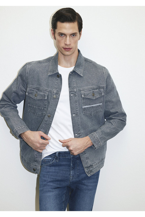 Loran Premium Blue Puslu Açık Gri Jean Ceket 0110003-86615