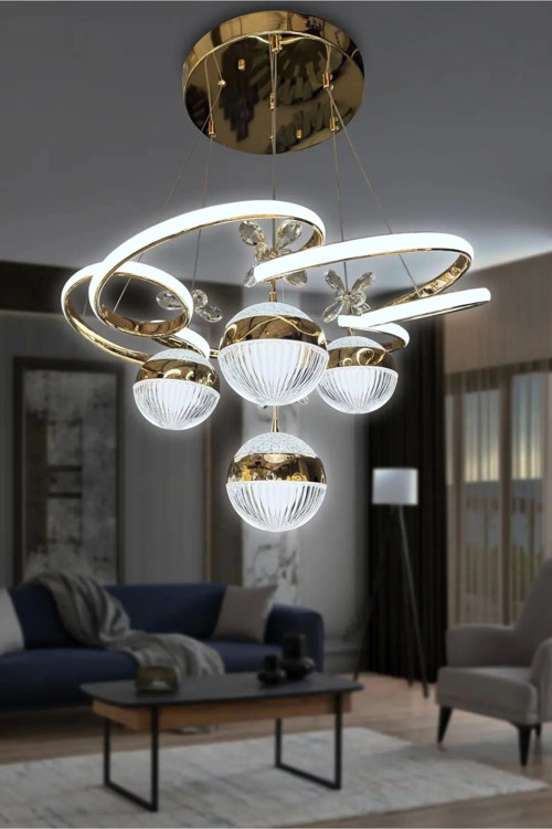 3 Renk Kumandalı Modern Sarkıt 4 Toplu Kelebekli Ledli Avize Gold