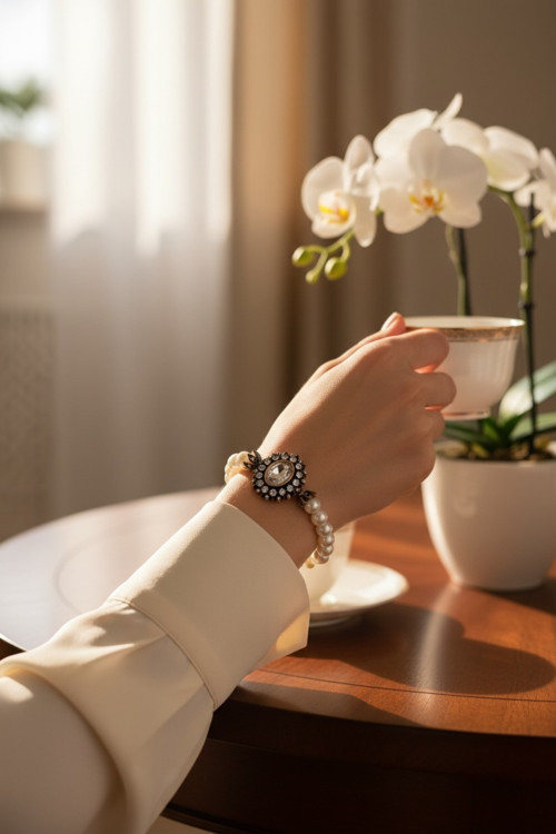 Kristal Oval Taşlı İnci Bileklik