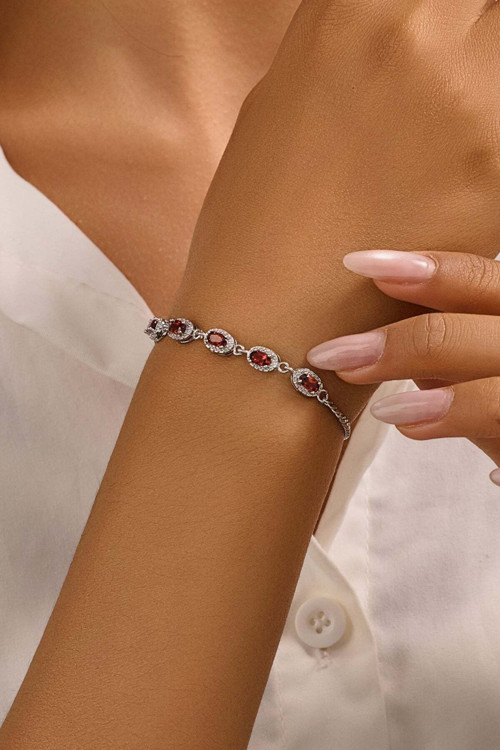Garnet Doğal Taşlı Beyaz Altın Kaplama Asansör Bileklik