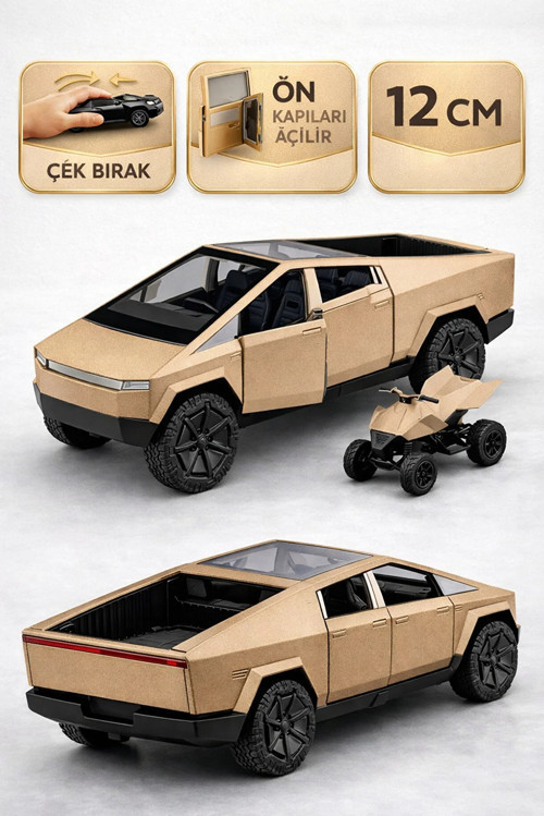 Die Cast Çek Bırak Metal Tesla Cybertruck ATV’li Model Araba 12 cm Açılır Kapılı