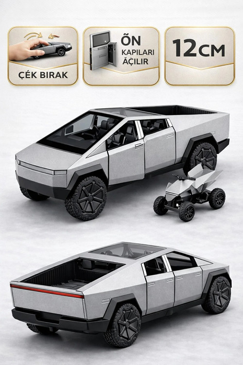 Die Cast Çek Bırak Metal Tesla Cybertruck ATV’li Model Araba 12 cm Açılır Kapılı
