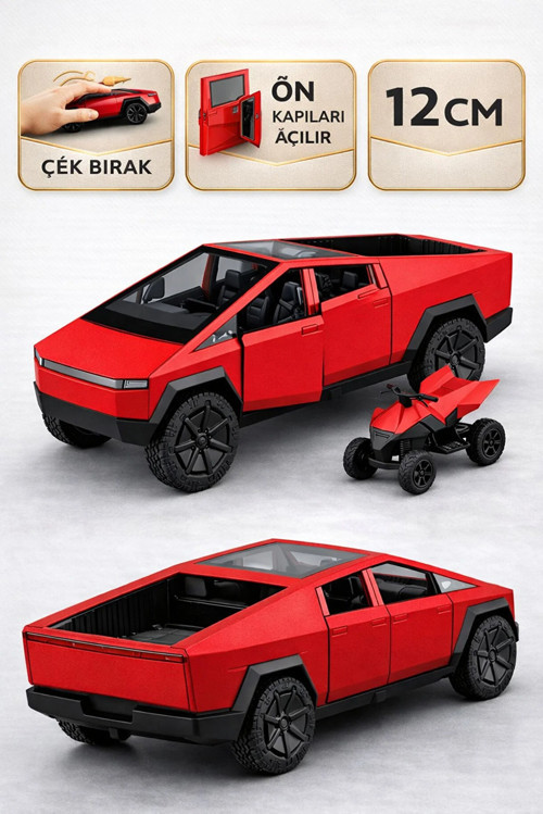 Die Cast Çek Bırak Metal Tesla Cybertruck ATV’li Model Araba 12 cm Açılır Kapılı