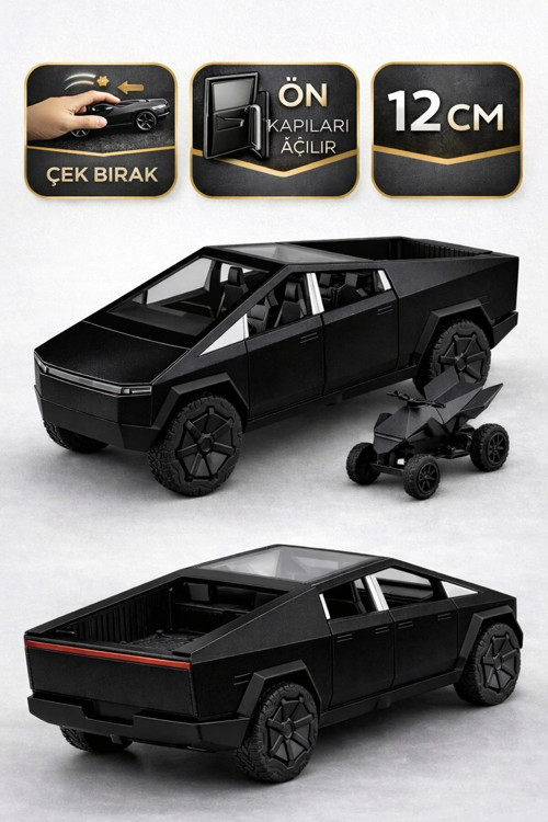 Die Cast Çek Bırak Metal Tesla Cybertruck ATV’li Model Araba 12 cm Açılır Kapılı