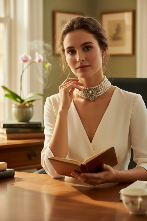 Zirkon Taşlı Choker Tasma Inci Kolye