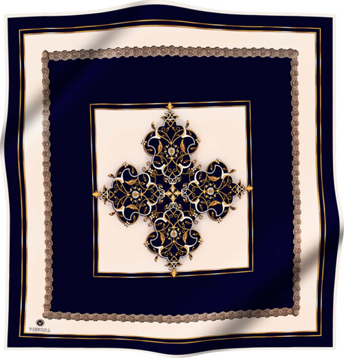 % 57 İPEK % 43 VİSKON Twill İpek Barok Desenli Lacivert - Krem Renkli 90x90 Eşarp Dikim Şekli : El Dikişi