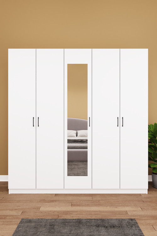MDF 5 Kapaklı, 2 Çekmeceli, Aynalı Gardırop - 200x208x53cm, Geniş Kıyafet Dolabı, G-04